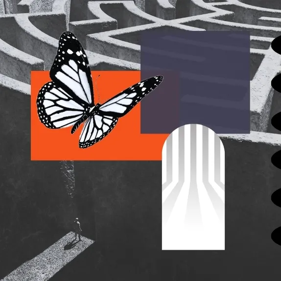 Collage of a black-and-white monarch butterfly over a concrete maze with a lone figure