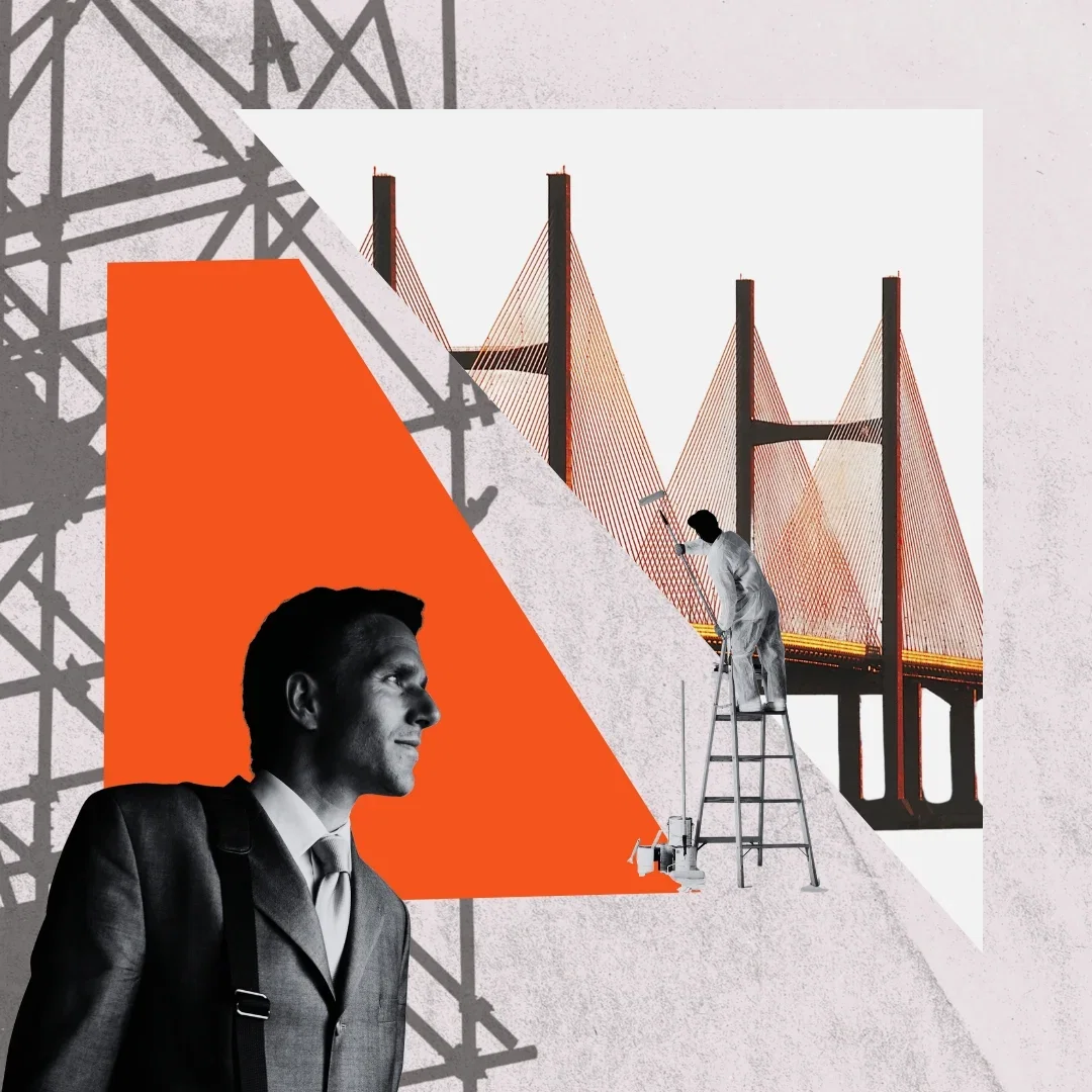 A businessman watches a painter finish a bridge, the way a creative brief links client and designer