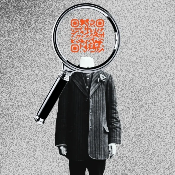 A figure in a pinstripe suit with a QR code for a head, under a magnifying glass