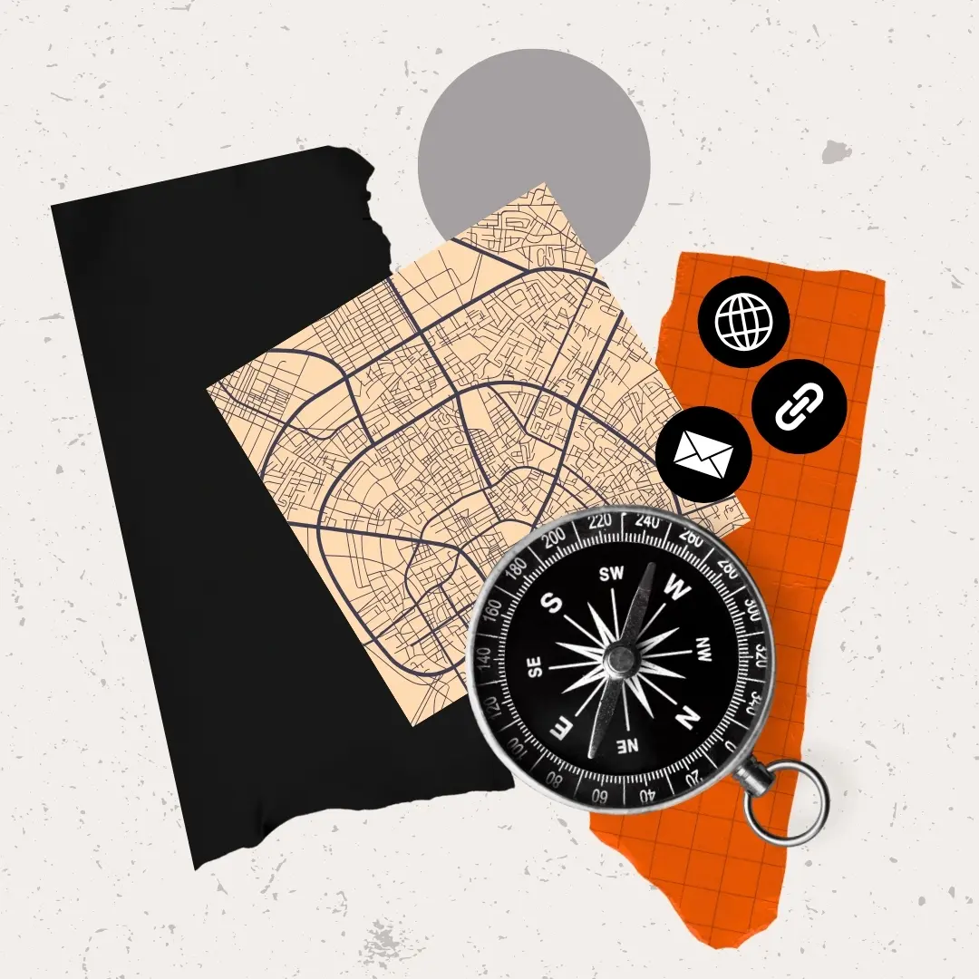 Collage of a compass, a street map and communication icons, the building blocks of a brand