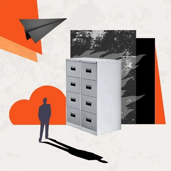 A man's long shadow beside a filing cabinet and paper planes, about managing leads