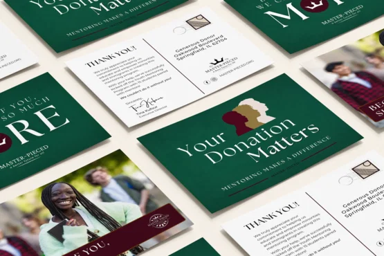 Green and cream donor postcards designed for Master-Pieced