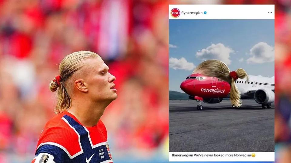 Erling Haaland in a red Norway jersey with his blonde ponytail, beside Norwegian Air’s Instagram post of a red plane wearing a matching ponytail, captioned “We’ve never looked more Norwegian.”